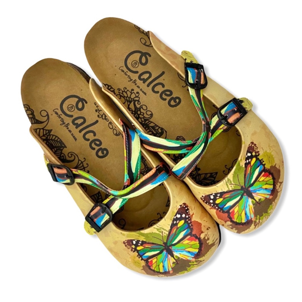 Calceo Tan Rainbow Butterfly Slip-on Mules Sz 40
